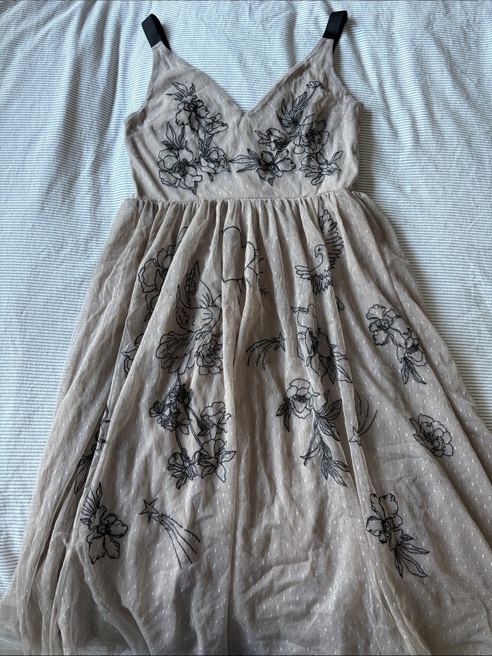 Express Beige Floral Embroidered Tulle Dress